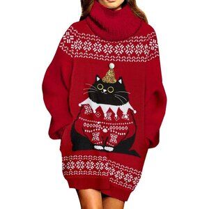 Cozy Red Xmas Cat Sweater Dress for Women - Perfect Winter Wardrobe Addition
